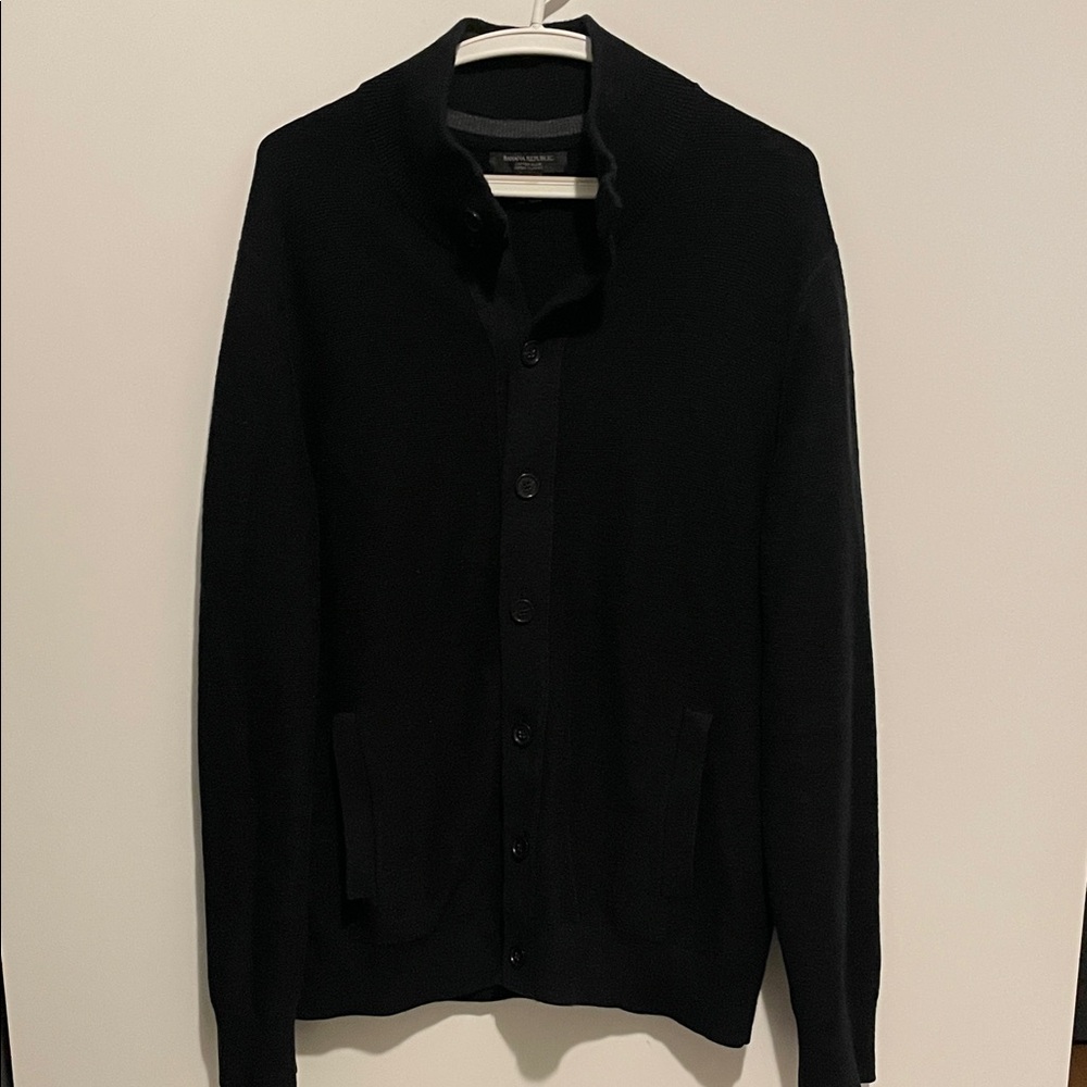 Banana Republic Men's Black Button 100% Cotton Cardigan with Stand Collar
